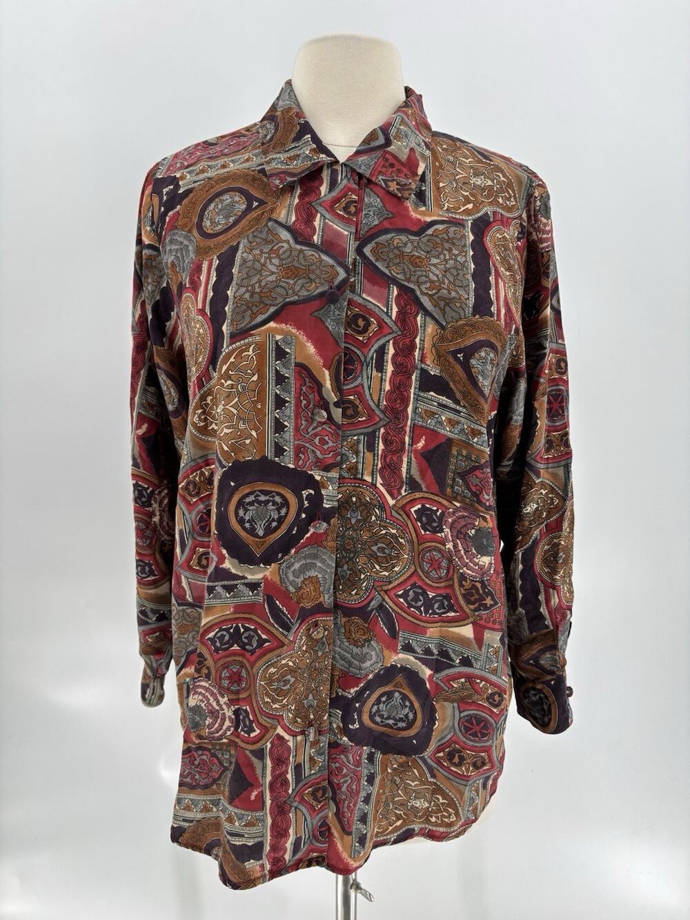 Casual Corner Vintage Blouse Womens Large Red Brown 100% Silk Buttons 80s 90s